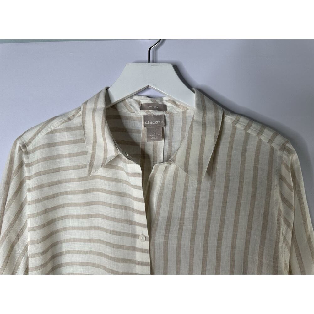 Chicos Womens Sz 2 L Beige Stripe Linen Button Up No Iron Tunic Top 3/4 Sleeve - Picture 2 of 10